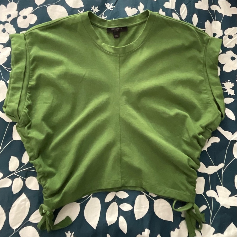All Saints Olive Green Ruched Tie-Front Crop Top - Picture 4 of 9